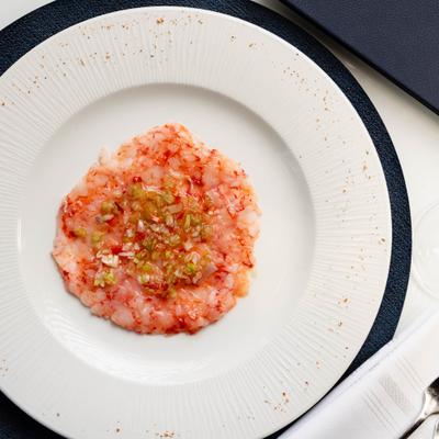 Dish of red prawn carpaccio.