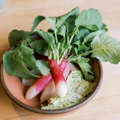 Evan's Radishes with Ramp butter appetizer. At Table Asheville..