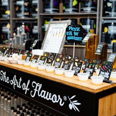 Flavor sampling station with tasting cups.