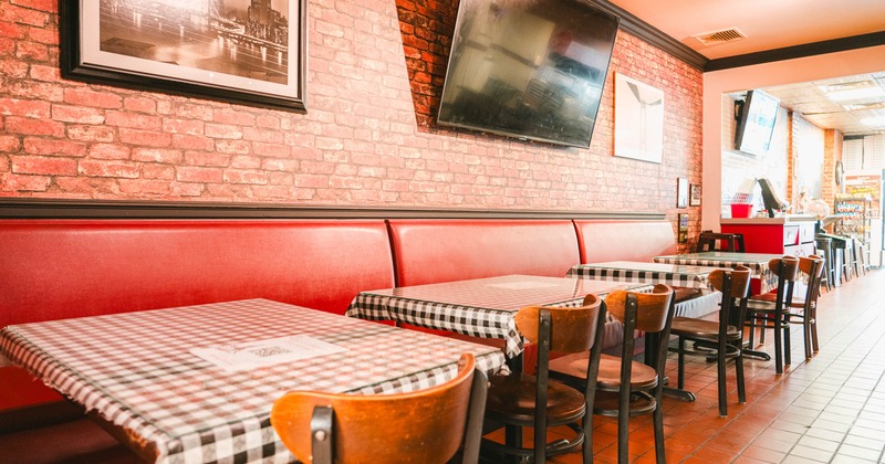 Interior, tables, chairs and high back benches