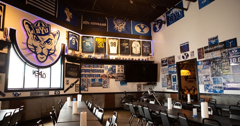 Interior, sitting area, tables lined up