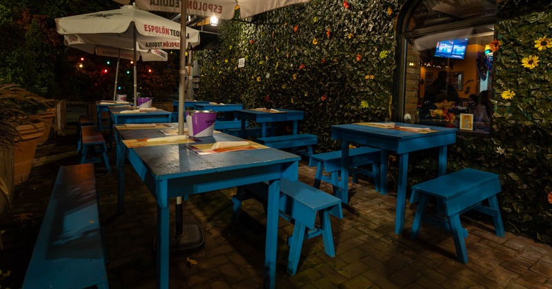 Exterior, wooden tables and benches