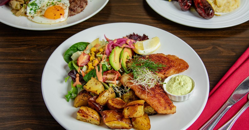 Crispy Breaded Cod, roasted potatoes, fresh veggies, avocado