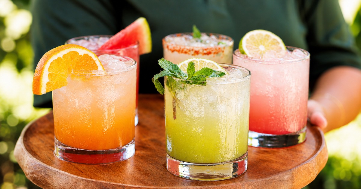 Server holding a wooden tray with refreshing drinks
