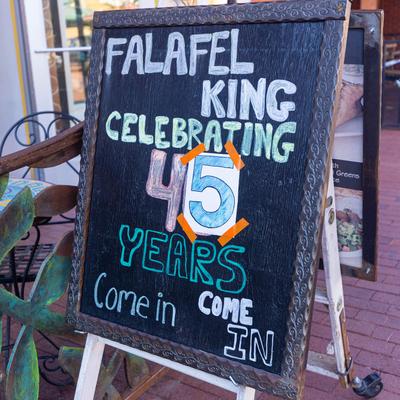 Blackboard sign depicting a 45 year anniversary.