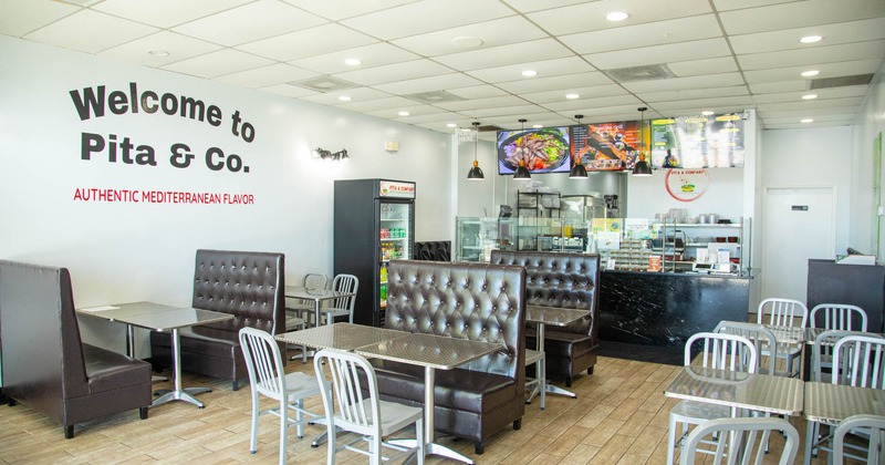 Restaurant booths, tables and chairs, and bar counter