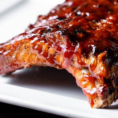 Close up of a rack of ribs.
