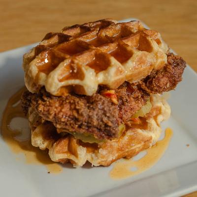 Chicken waffle sandwich.