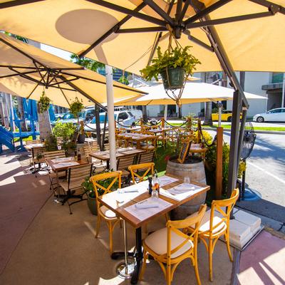 Exterior, tables and garden umbrellas