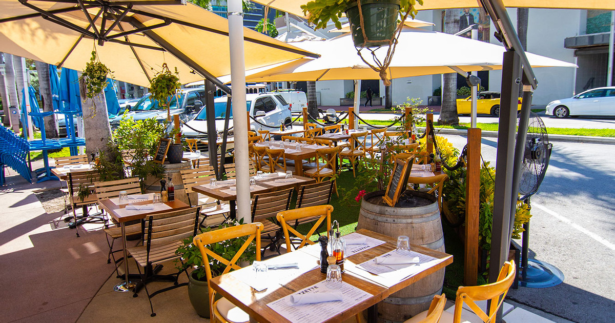 Exterior, tables and garden umbrellas
