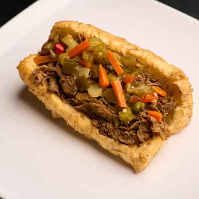 Italian beef sandwich, plated.