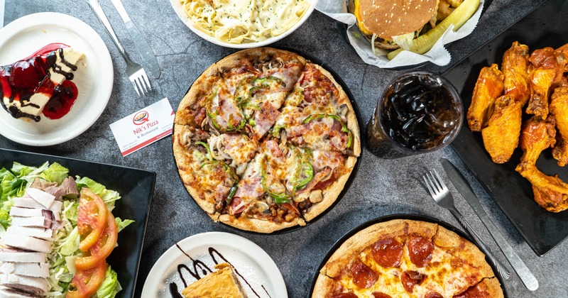 Overhead view of assorted dishes