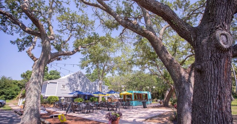 Exterior, seating area in the garden surrounded by trees