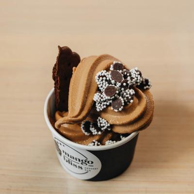 Frozen yogurt topped with sprinkles, chocolate chips and a chocolate wafer.