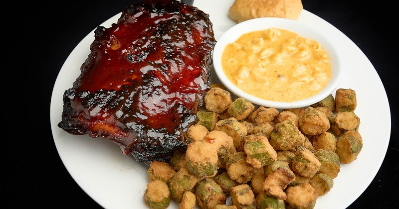 BBQ ribs, fried okra, and mac and cheese