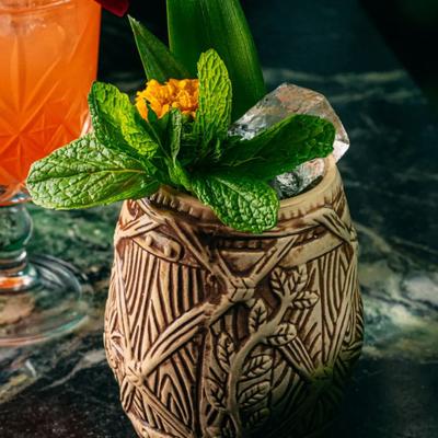 Tropical cocktail in a tiki mug garnished with mint and a yellow flower.