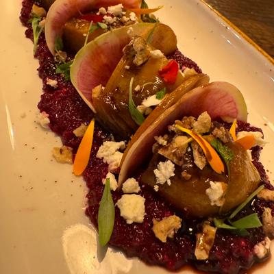 Roasted beets, toasted walnuts, micro greens, feta & honey citrus balsamic reduction.