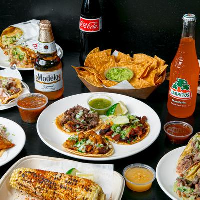 Assorted food and drinks.