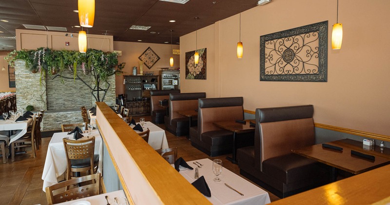 Interior, dining booths near wall