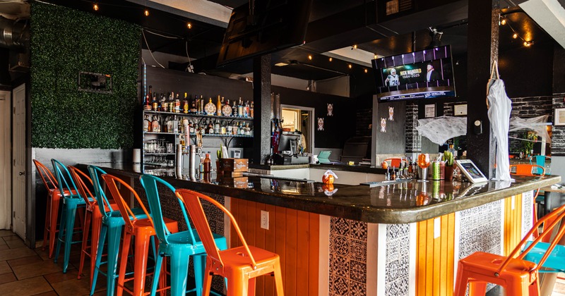 Interior, bar, chairs in different colors
