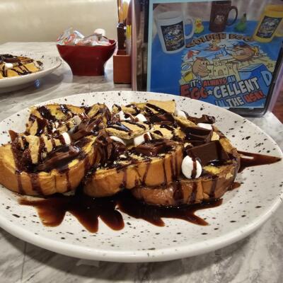 French Toast with S'mores, chocolate and cookie chips.