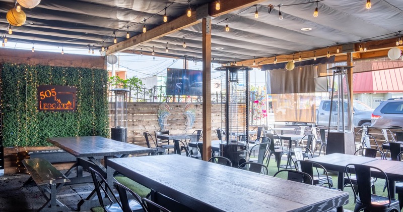 Covered seating area with chairs and tables