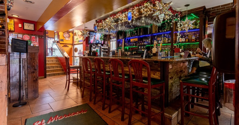Interior, bar area and bar stools