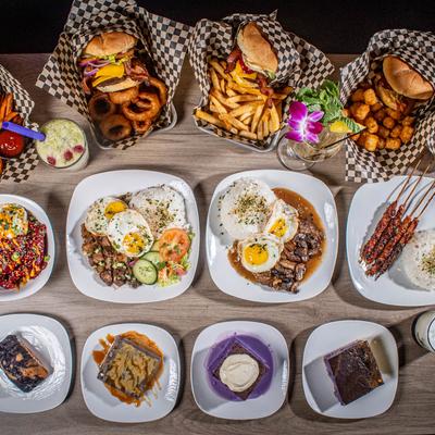 A variety of dishes and drinks, top view.