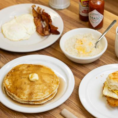 Various breakfast items served on the table.