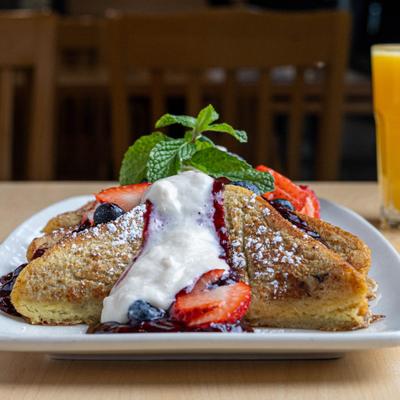 Berry Berry French Toast garnished with a mint spring.
