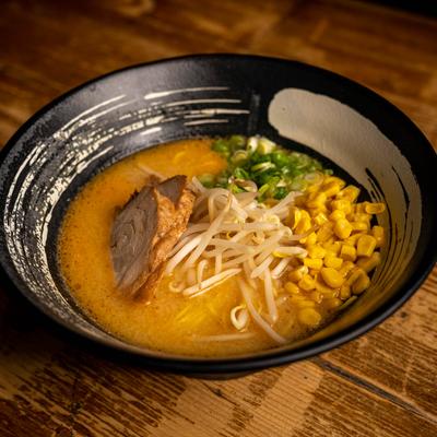 Miso Ramen, with pork, noodles, corn and green onions, in broth