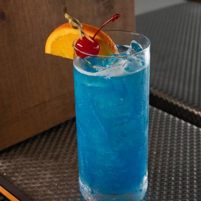 A served blue cocktail.