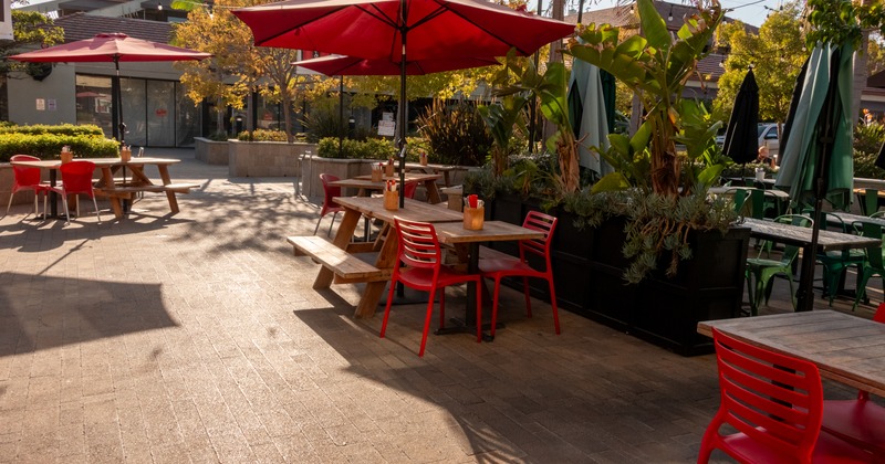 Exterior, patio, table, chairs, parasol
