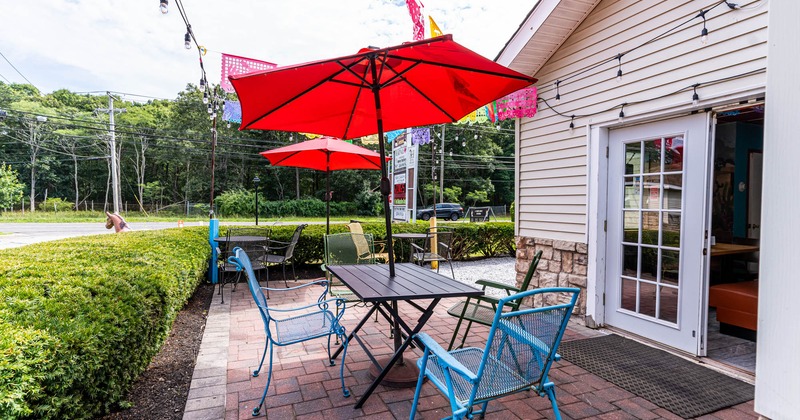 Exterior, chairs, tables and parasols