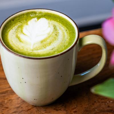 Matcha latte served in a ceramic mug.