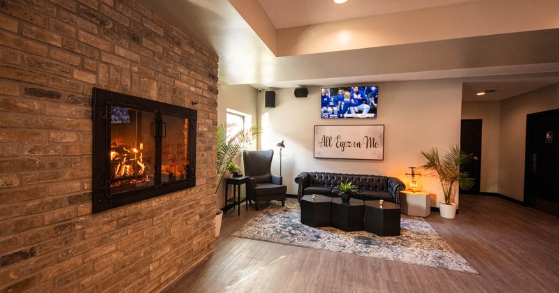 Interior, cozy area with a firepit