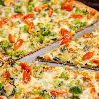 Garden Vegetable pizza, close up.