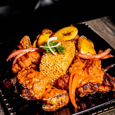 Chicken, rice, and plantains.