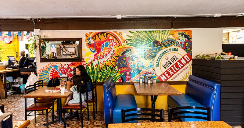 Vivid interior dining area of Mexican restaurant