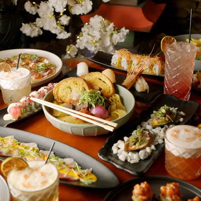 Assortiment of menu items served on the table.