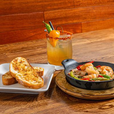 sizzling Garlic shrimp skillet.