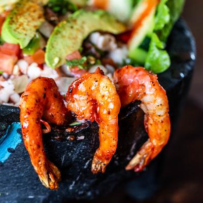 Seafood molcajete, close-up.