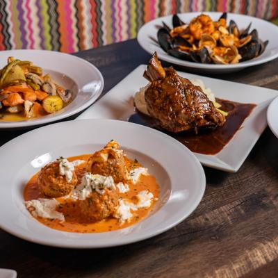 Variety of dishes served on the table.