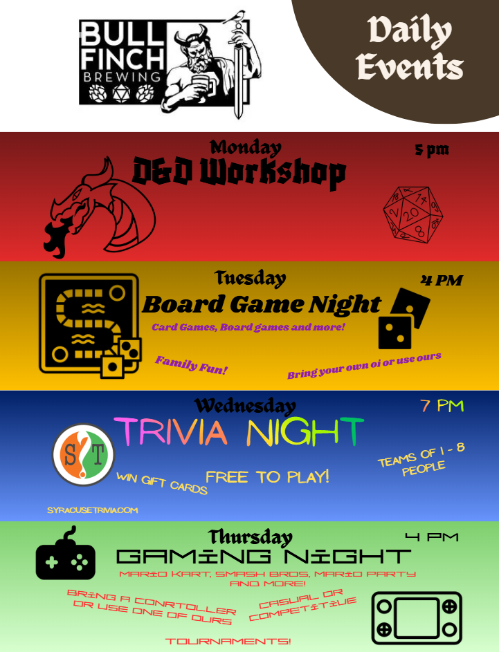 Flyer with upcoming events Trivia Night Game night
