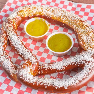 Jumbo Bavarian Pretzel, with beer cheese, and honey brown mustard.