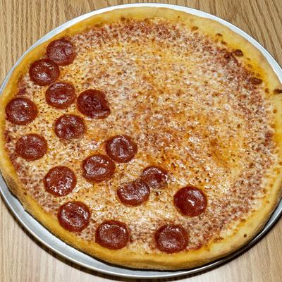 Cheese and pepperoni pizza served on a metal tray on a wooden table.