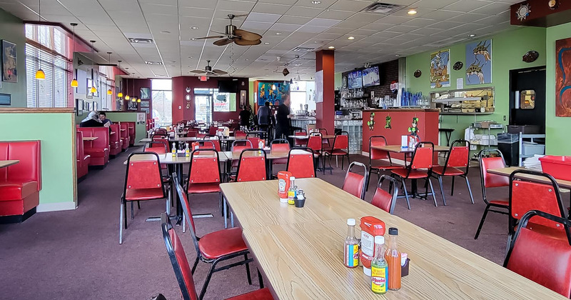 Restaurant interior, seating area ready for guests