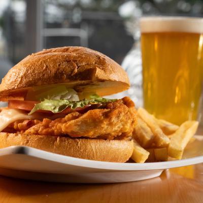 Buffalo chicken sandwich, served with fries, front view, closeup.