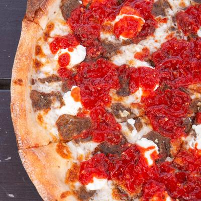 The OG Crime Scene pizza, close-up.