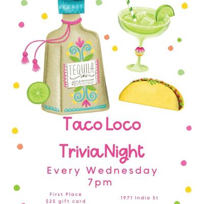 Taco Loco Trivia Night poster with tequila and margarita illustrations promoting weekly Wednesday event.